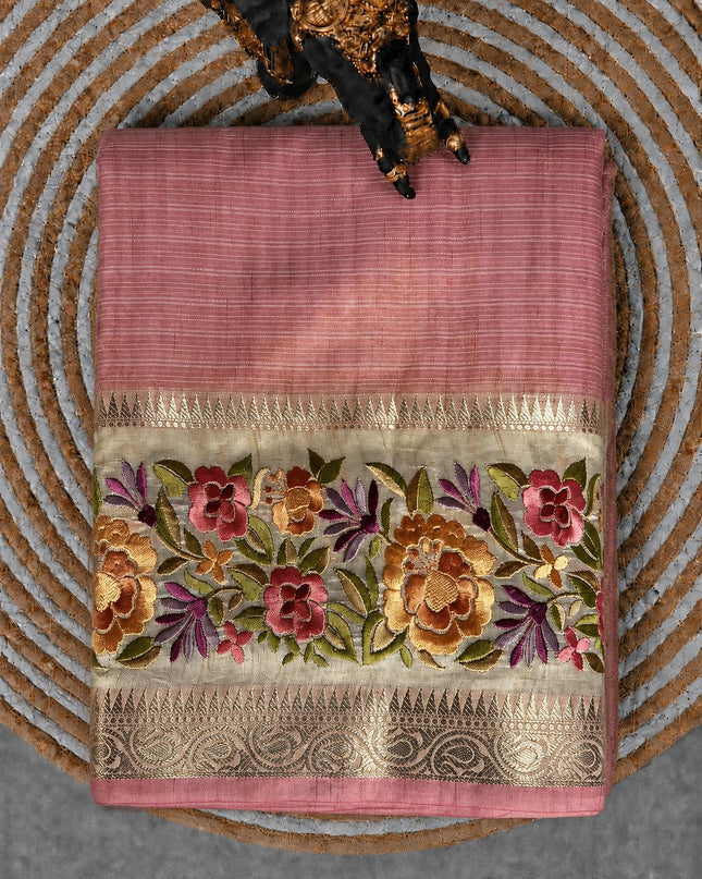 Kora Tusser saree Gap Border with Parce Work Border -  Light Pink