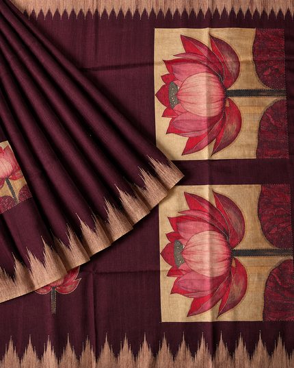 Chanderi Saree Lotus Butties Temple Design Border- Dark Violet