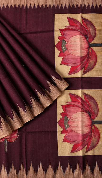 Chanderi Saree Lotus Butties Temple Design Border- Dark Violet