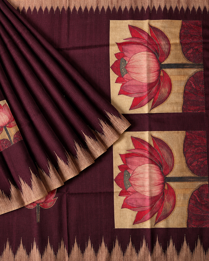 Chanderi Saree Lotus Butties Temple Design Border-  Purple