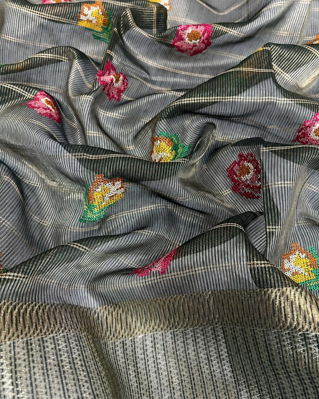 Chanderi Silk saree Cross Stich Work and Golden Border - Bottle Green