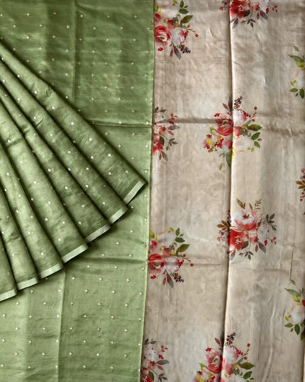 Tissue Orznga Saree With Allover Golden Buttes and Small Border - Green