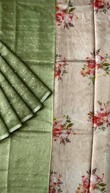 Tissue Orznga Saree With Allover Golden Buttes and Small Border - Green