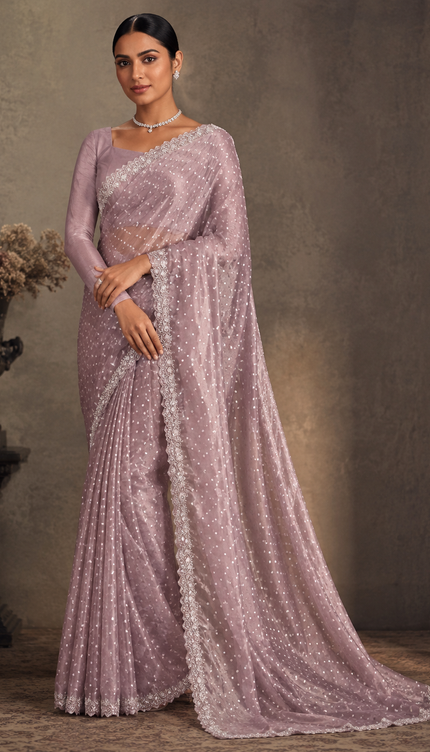 Soft Tissue Organza Saree With Gold Zari Dots Design and Kardhana scallop Border- Light Pink