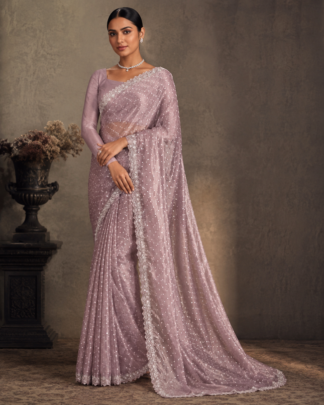 Soft Tissue Organza Saree With Gold Zari Dots Design and Kardhana scallop Border- Light Pink
