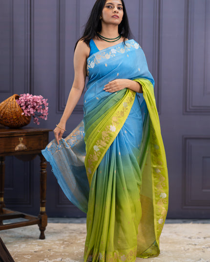 Satin Kota  Golden Zari weaving Buttis  with Banaras Border -Green