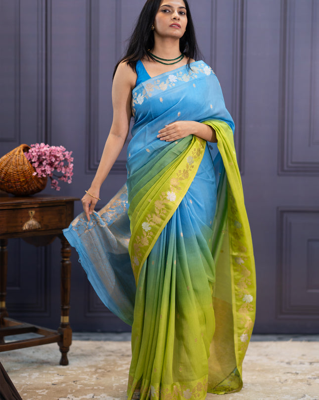 Satin Kota  Golden Zari weaving Buttis  with Banaras Border -Green