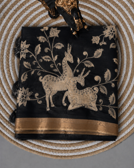 Kora Tusser kalmkari Sarree  With  Dori work and  Golden Border-  Black