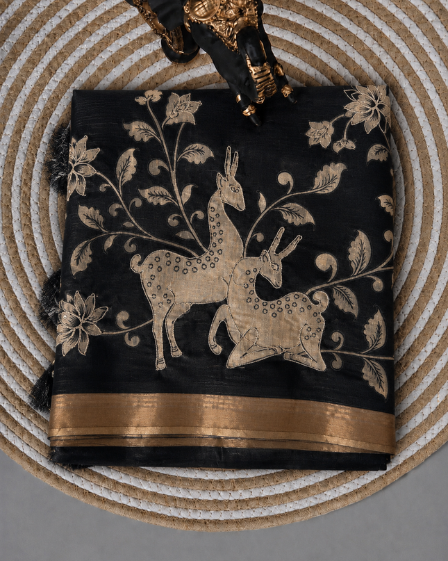 Kora Tusser kalmkari Sarree  With  Dori work and  Golden Border-  Black