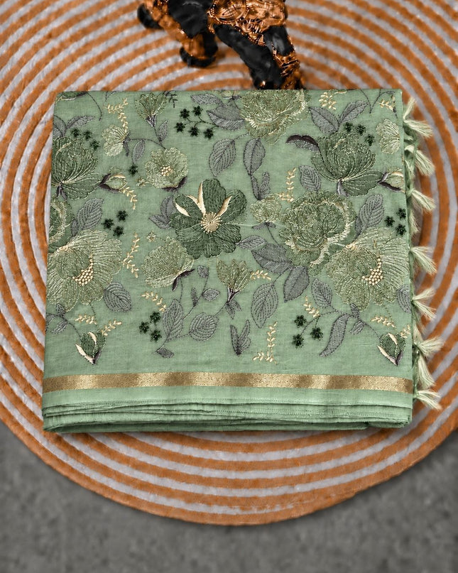 Mul  chanderi saree with thread embroidery Work and Small Border - Light Green