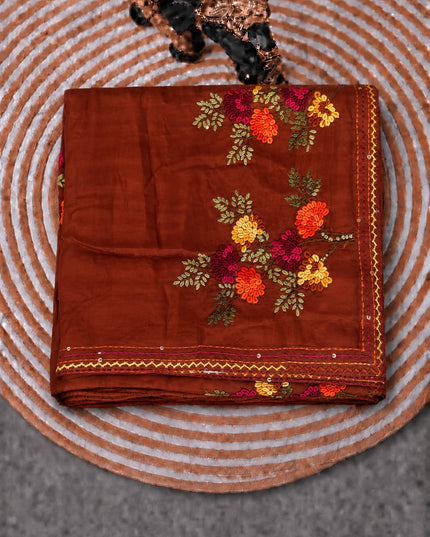 Russian Silk Saree with  Kantha Work - Rust