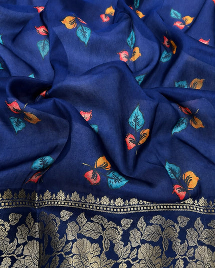 Chanderi Saree with  Floral Print Contrast Border - Green & Violet