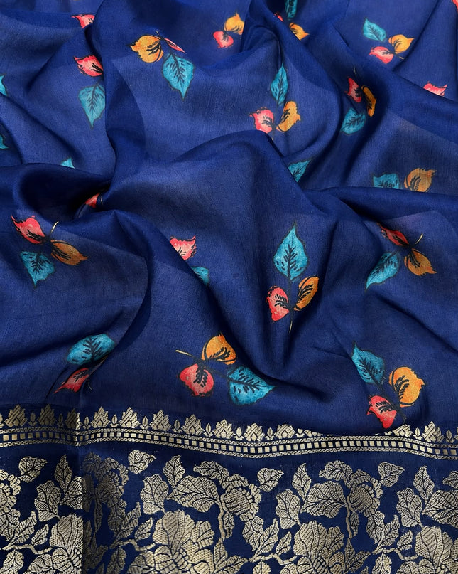 Chanderi Saree with  Floral Print Contrast Border - Green & Navy