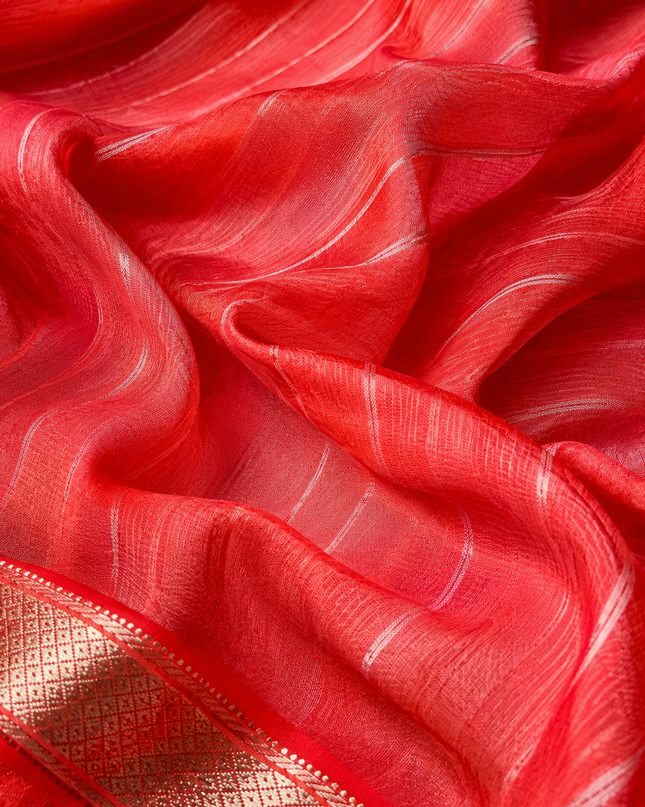 Mangaligiri Silk  Saree with  Thread  Weaving Checks Design and Golden Zari Temple  Border - Orange