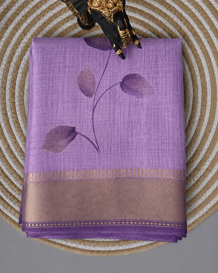 Munga Silk Saree With Floral Print and Kaddi Border -  Lavender