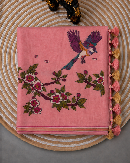 Linen Saree with Allover Thread Weaving Butties and Golden Border -Pink
