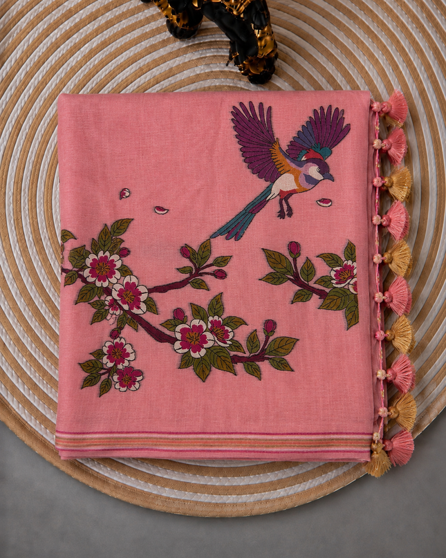 Linen Saree with Allover Thread Weaving Butties and Golden Border -Pink