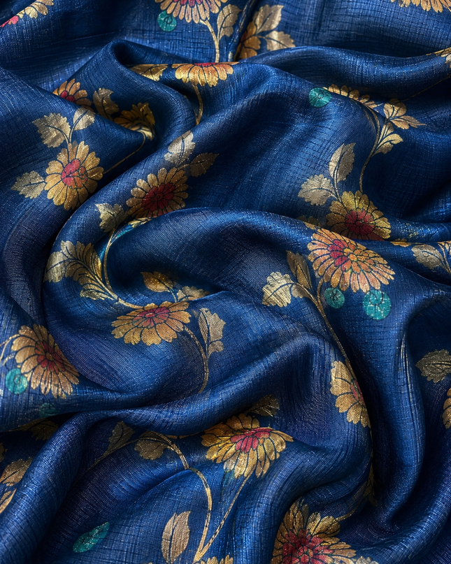Kora Tusser kalmkari Sarree  With  Dori work and  Golden Border-  Blue
