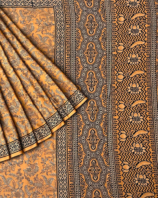 Mul Cotton Saree with Floral Print and Contrast  Border-  Light Peach