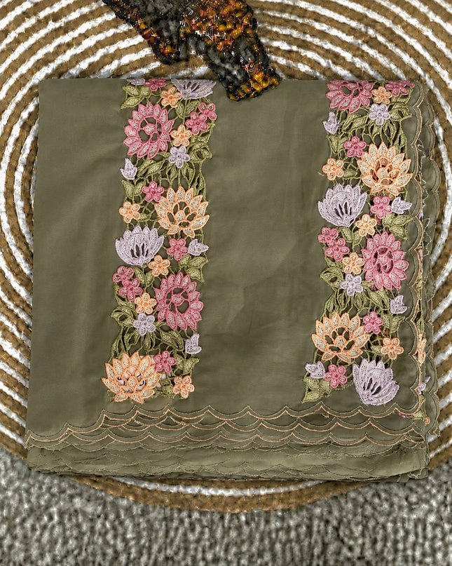 Georgette Saree with Cut Work and Scallop Border -  Pista Green