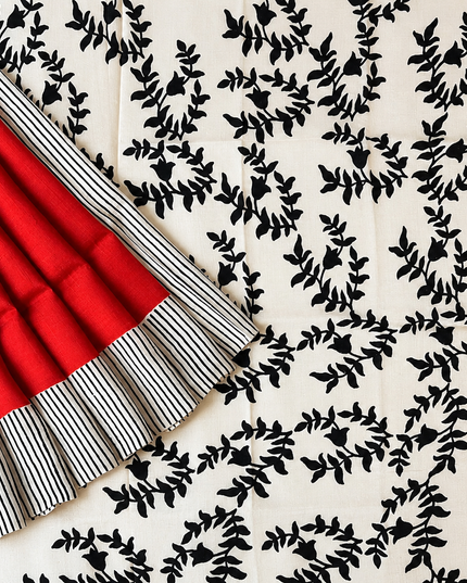 Pure Silk Saree Horizontal Stripes Design - Cream & Red