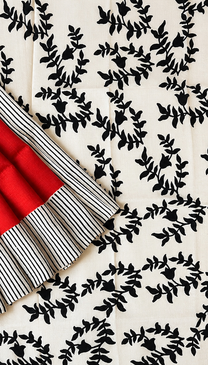 Pure Silk Saree Horizontal Stripes Design - Cream & Red