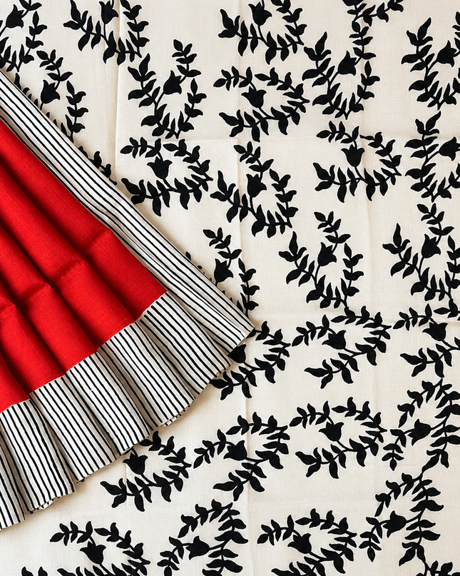 Pure Silk Saree Horizontal Stripes Design - Cream & Red