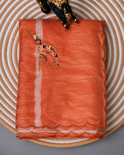Soft  Orznga  Saree With Applique work and scallop Border- Light Orange