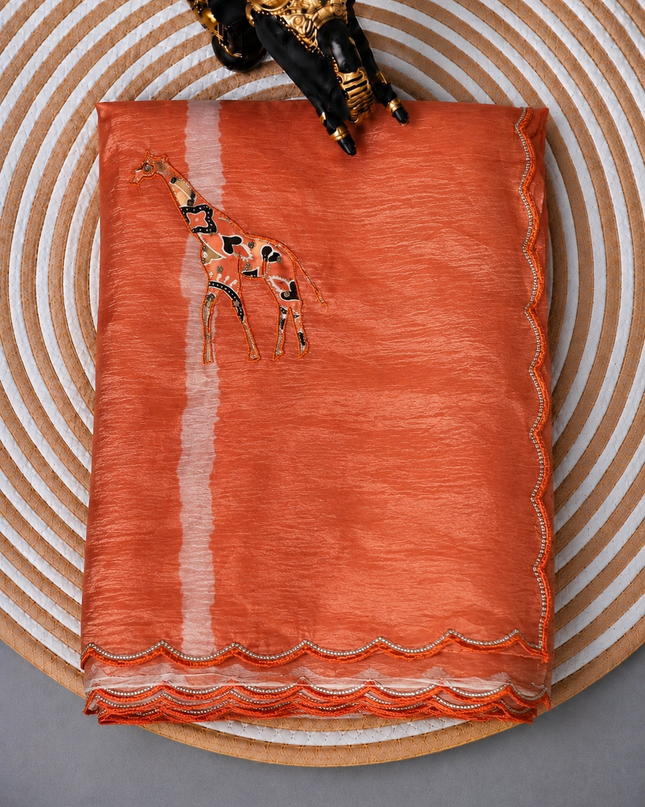 Soft  Orznga  Saree With Applique work and scallop Border- Light Orange