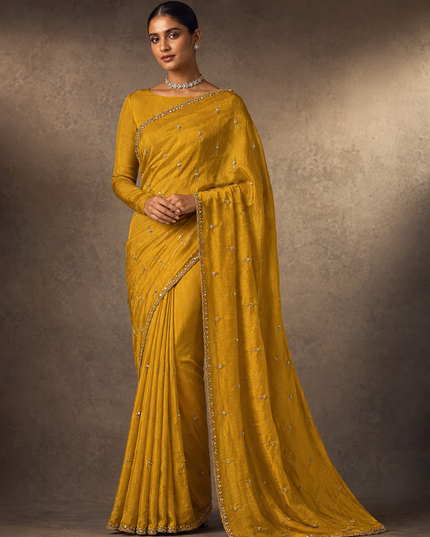 Soft Velvet Saree With Kardhana Sequence Work and Scallop Border- Mustard