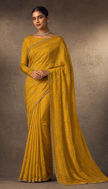 Soft Velvet Saree With Kardhana Sequence Work and Scallop Border- Mustard