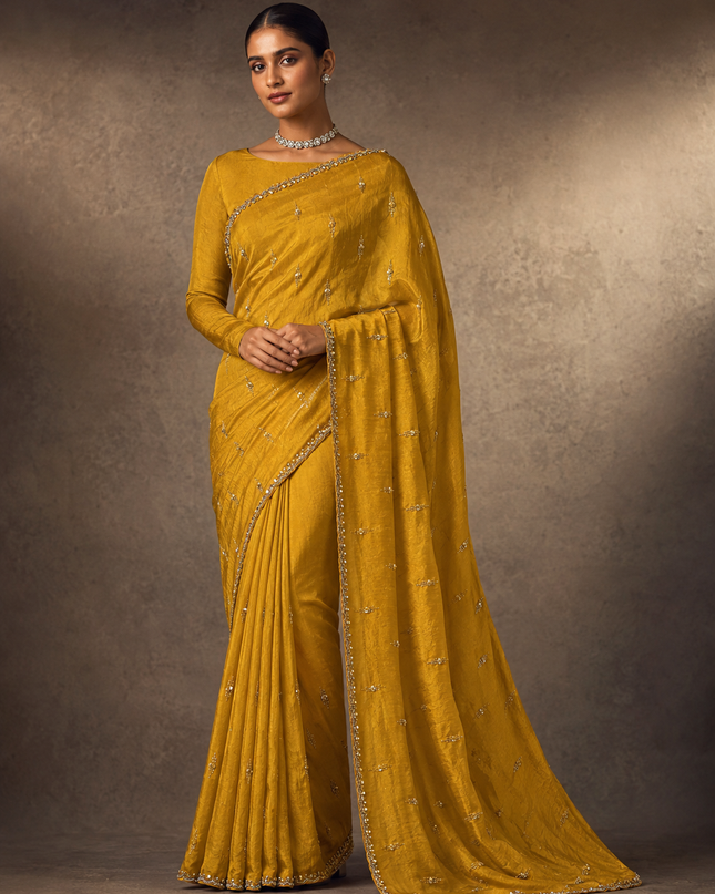 Soft Velvet Saree With Kardhana Sequence Work and Scallop Border- Mustard