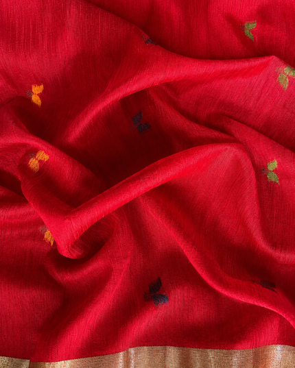 Jute Tusser Saree  with All over Sequence Work and Golden Border - Red