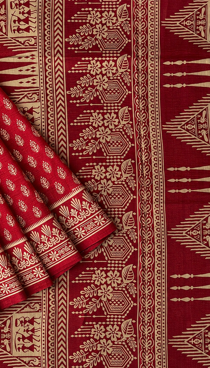 Pure Silk Saree With All Over Block Print - Red