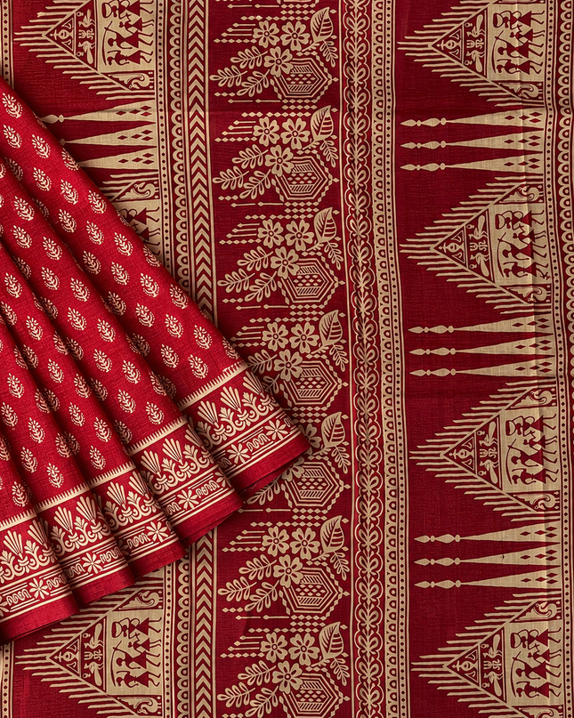Pure Silk Saree With All Over Block Print - Red