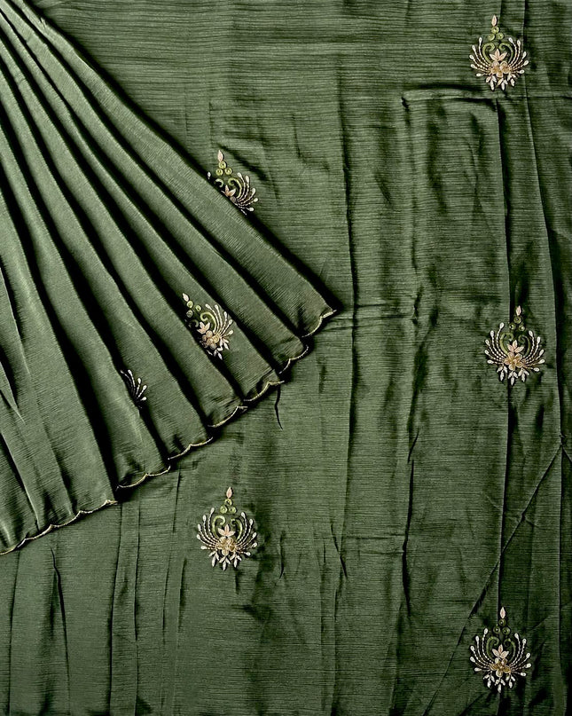 Soft Crush  Saree With Kardhana Sequences Work and Scallop Border -  Bottle Green