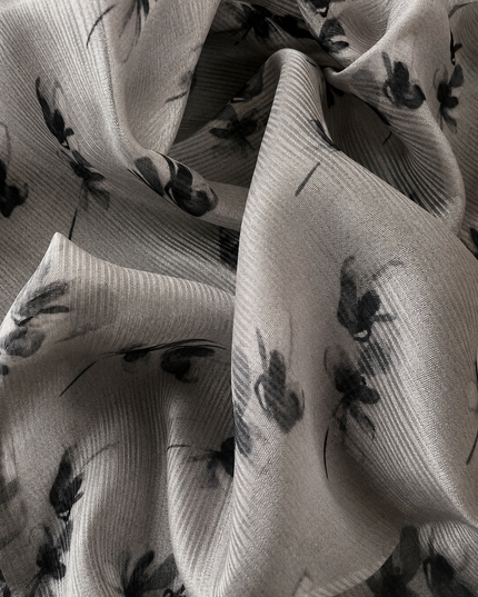 Silk Kota Saree with Floral Print and Lace  Border-Grey