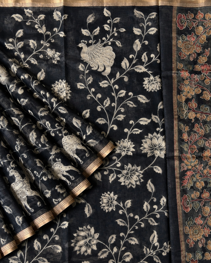 Kora Tusser kalmkari Sarree  With  Dori work and  Golden Border-  Black
