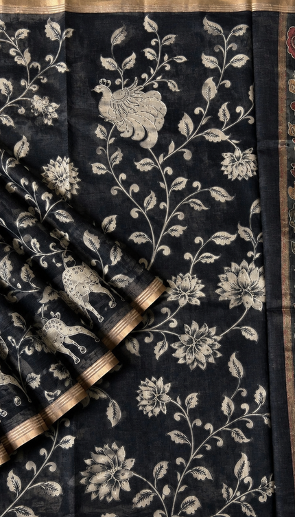 Kora Tusser kalmkari Sarree  With  Dori work and  Golden Border-  Black