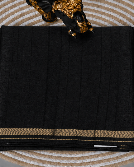 Tusser Silk Saree with Weaving Thread Stripes and  Small Golden Zari Border  -  Black