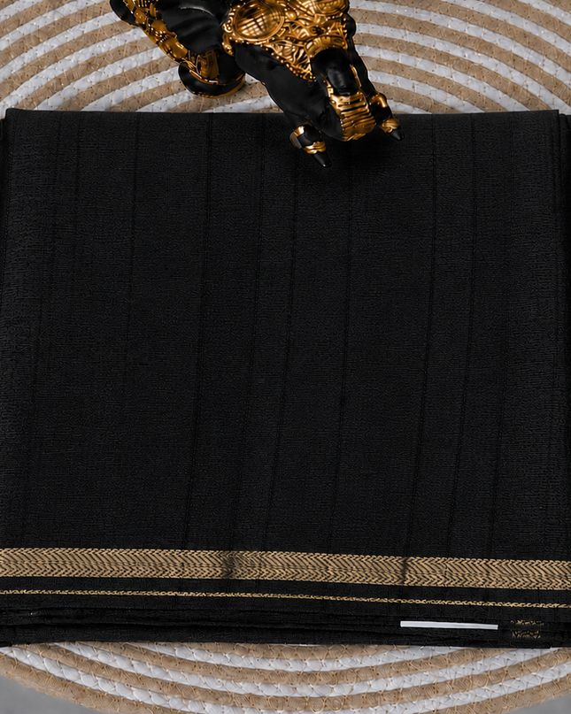 Tusser Silk Saree with Weaving Thread Stripes and  Small Golden Zari Border  -  Black