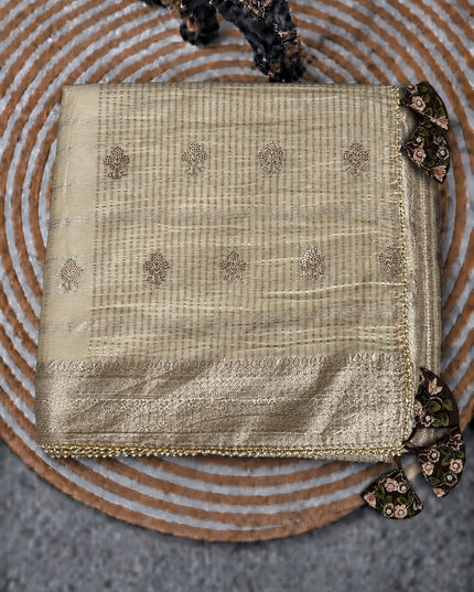 Chinon Crepe Saree With Golden Checks Buttes and Pearl Work Lace Work Border - Cream