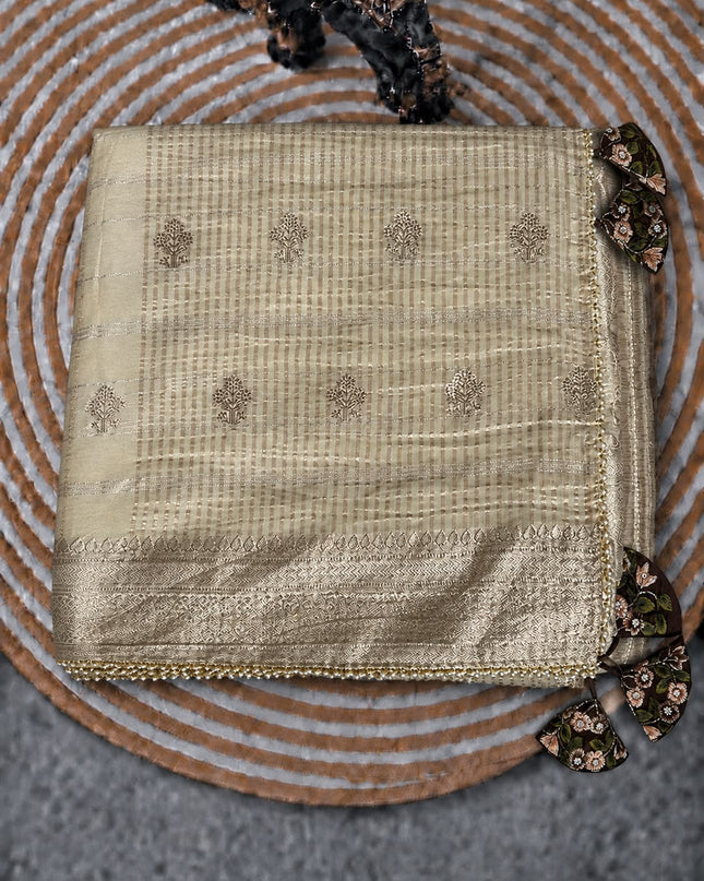 Chinon Crepe Saree With Golden Checks Buttes and Pearl Work Lace Work Border - Cream
