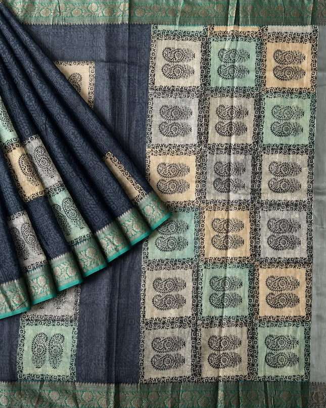 Maheshwari Silk With Shikargah  Print and Antic Zari Border  - Navy
