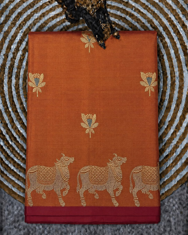Kathan Silk Saree With All over Golden Flower  Buttes and Golden Zari Weaving Cow Border - Light Orange