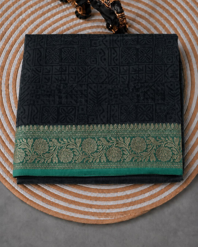 Maheshwari Silk With Shikargah  Print and Antic Zari Border  - Navy