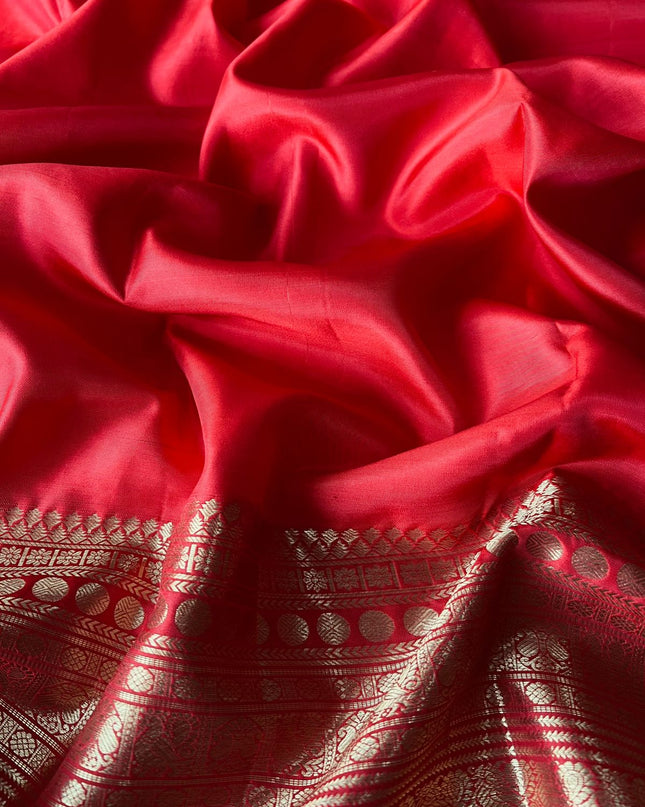 Pure Pattu Saree With Gold Peacock Buttes and Golden Border-  Red