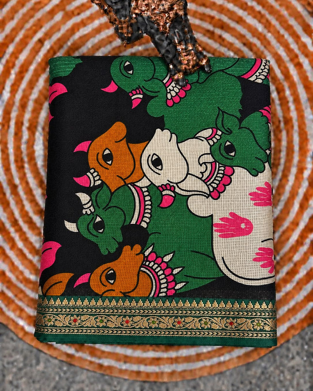 Pure Silk Kota Saree With pichwai Print and Small Kanchi Border - Bottle Green
