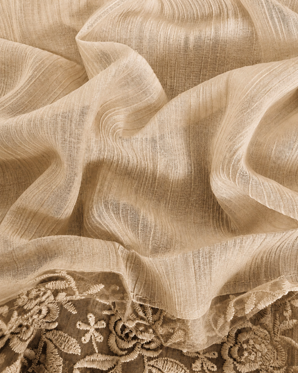 Malai Chanderi Saree with Allover small mirror work and  Thread Embroidery  Scallop Border  -Tan