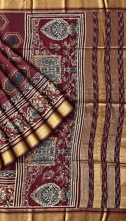 Soft Silk Saree with  Geometrical Print and Kalamkari Border - Maroon